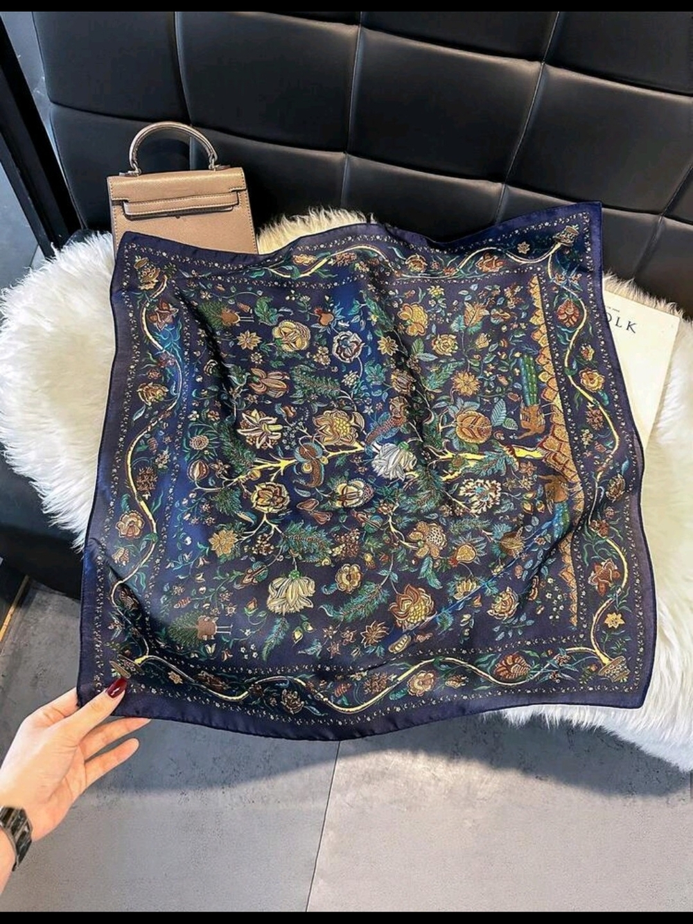 Silk-Like Floral Print Square Scarf in Navy 27.6"/27.6"